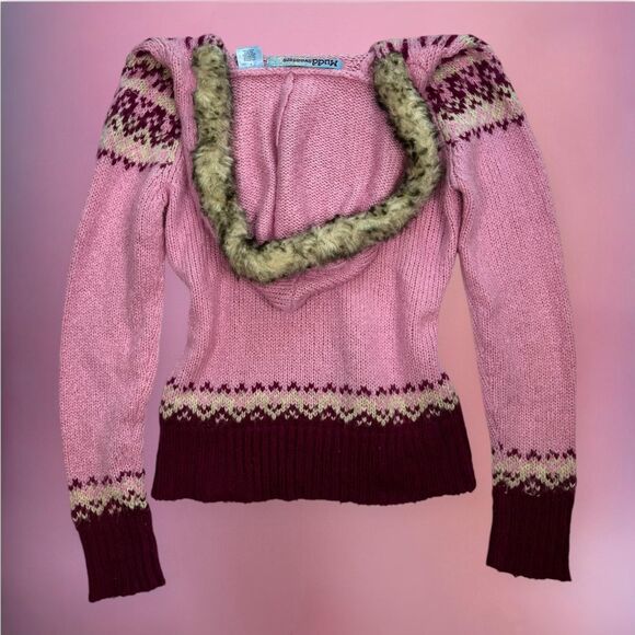 Mudd Y2K 2000s pink knit patterned sweater with fur hood🎀 - Picture 5 of 8